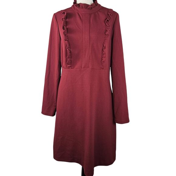 Sharagano Red Ruffle Front Mock Neck Dress Women’s 8 Long Sleeve Knee Length - Picture 2 of 9